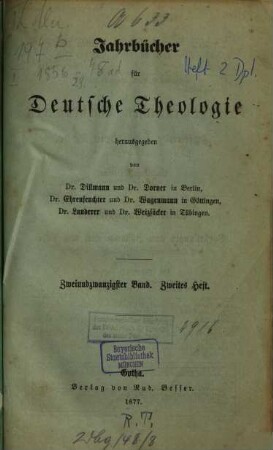 Jahrbücher für deutsche Theologie, 22,2. 1877