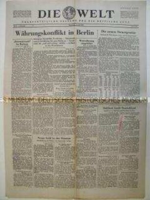 Tageszeitung "Die Welt" u.a. zur Währungsreform in den Westzonen