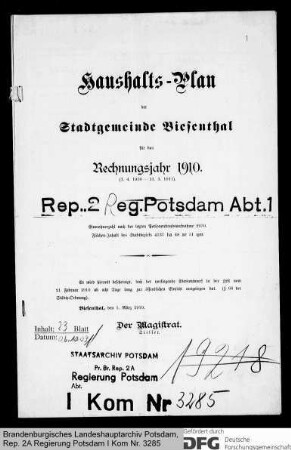 Haushaltsplan der Stadtgemeinde Biesenthal für das Rechnungsjahr 1910