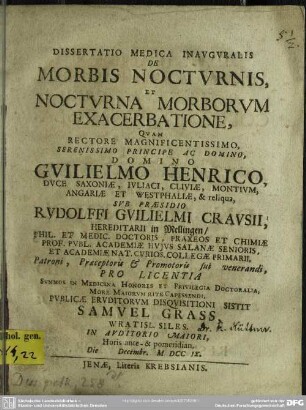 Dissertatio Medica Inauguralis De Morbis Nocturnis, Et Nocturna Morborum Exacerbatione