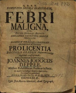 Disputatio Medica Inauguralis, De Febri Maligna
