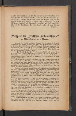 Prospekt der "Deutschen Kolonialschule" zu Witzenhausen a. d. Verra