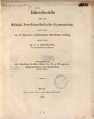Jahresbericht über das Königl. Joachimsthalsche Gymnasium : für das Schuljahr ..., 1864