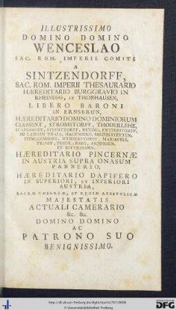 Illustrissimo Domino Domino Wenceslao Sac. Rom. Imperii Comiti a Sitzendorff ...