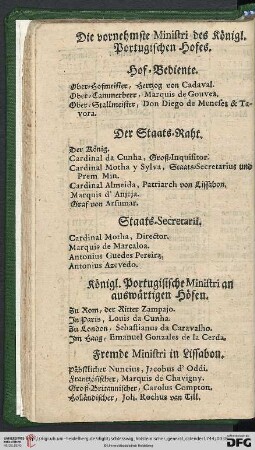 Die vornehmste Ministri des königl. Portugischen Hofes