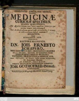 Dissertatio Circularis Medica, Exhibens Medicinæ Curiosæ Specimen, Duabus Qvæstionibus : (1.) Qvid de Pilorum canis rabidi impositione Vulneri per ejus morsum inducto facta tenendum? (2.) An Abrasio pilorum operari possit, ut rei facilius â tormentis victi veritatem confiteri teneantur? Enodatum