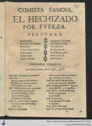 Comedia Famosa, El Hechizado Por Fuerza.