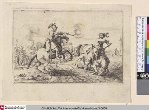 [Berittene Soldaten im Zweikampf mit Pistole und Schwert]