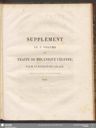 Supplément Au 5e Volume Du Traité De Mécanique Céleste