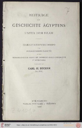 Beiträge zur Geschichte Ägyptens unter dem Islam