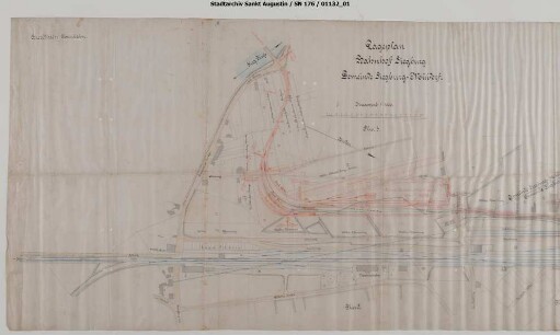 Siegburg, Bahnhof: Lageplan RSE-Bahnhof mit Strecke bis zur Siegbrücke, Staatsbahnhof. Handschriftlich: "Nach der Ausführung"