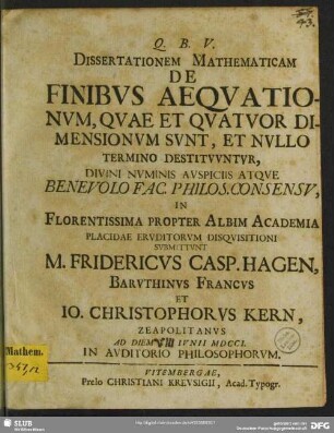 Dissertationem Mathematicam De Finibus Aequationum, Quae Et Quatuor Dimensionum Sunt, Et Nullo Termino Destituuntur