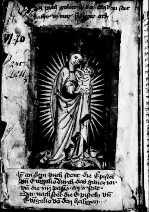 Kolorierter Holzschnitt, eingeklebt: Madonna in Glorie auf Halbmond