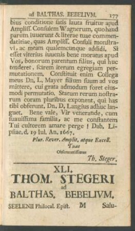 XLI. Thom. Stegeri ad Balthas. Bebelium