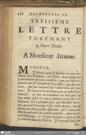 Treisiéme Lettre Touchant la Pierre Etoilée. A Monsieur Stenone