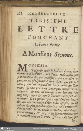 Treisiéme Lettre Touchant la Pierre Etoilée. A Monsieur Stenone