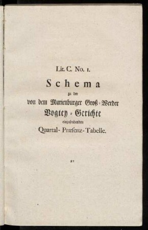 Lit. C. No. 1. Schema zu der von dem Marienburger Groß-Werder Vogtey-Gerichte einzusendenden Quartal-Præsenz-Tabelle