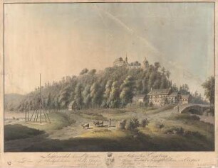 Ansicht von Lichtenwalde ohnweit Chemnitz, kolor. Umrißradier., um 1800 : Lichtenwalde ohnweit Chemnitz im Sächsischen Erzgebürge : dem ... Herrn Friedrich August Vitzthum von Eckstädt auf Lichtenwalde ... gewidmet von C. G. Schultze / gefertiget J. F. Wizani der jüngere. - [Dresden] : Schultze , [um 1800]. - 1 Kunstbl. : kolor. Umrißradierung ; 52 x 37 cm