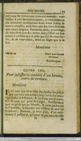 Lettre LXXI. Pour justiffier la conduite d'un homme, contre ses envieux