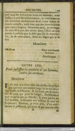 Lettre LXXI. Pour justiffier la conduite d'un homme, contre ses envieux