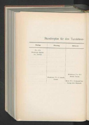 Stundenplan für den Turnlehrer-Bildungskursus im Winterhalbjahr 1908/09.