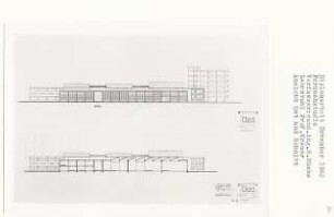Fernsehstudio, Berlin-Westend (Diplomarbeit bei Willy Kreuer): Ansicht von Osten und Schnitt 1:200