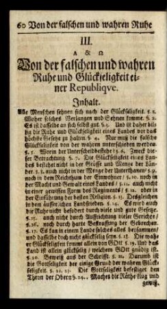 III. ... Von der falschen und wahren Ruhe und Glückseligkeit einer Republique.