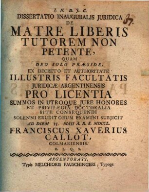 Diss. inaug. iur. de matre liberis tutorem non petente