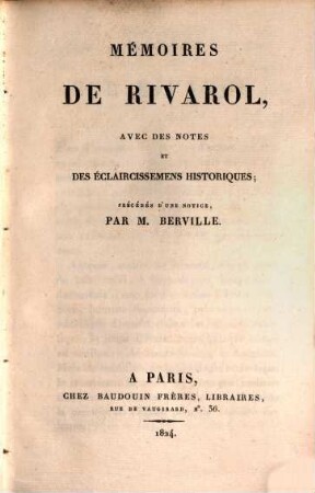 Mémoires De Rivarol : Avec Des Notes Et Des Éclaircissemens Historiques