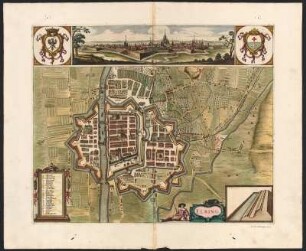 Stadtplan von Elbing, heute Elbląg, Polen, kol. Kupferstich, ca. 1730 : Elbing. - [Leiden] : [Pierre Vander Aa], s.a. [ca. 1730]. - 1 Kt. : kol. Kupferst ; 34 x 52 cm, Bildgr. 42 x 52 cm. - Titelkartusche unten rechts, Legendenkartusche unten links. - Mit 1 Ansicht d. Stadt