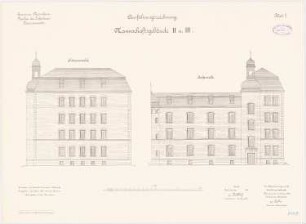 Garnison des Infanterie-Kasernements, Mannheim Mannschaftsgebäude: II und III: Aufriss Seitenansicht, Hofansicht 1:100
