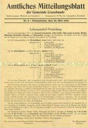 Kommunales Mitteilungsblatt u.a. zur Lebensmittelbewirtschaftung und mit amtlichen Bekanntmachungen des Bürgermeisters