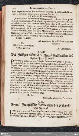 CVIII. Des Heiligen Römischen Reichs Ratification des Ryßwickischen Friedens