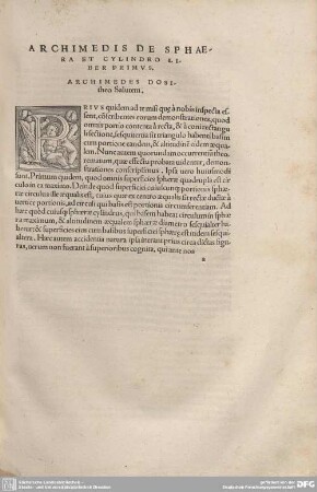 Archimedis de Sphaera et Cylindro Liber Primus.
