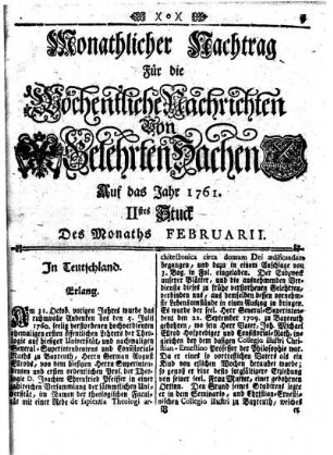 Monathlicher Nachtrag [...] IItes Stuck Des Monaths Februarii