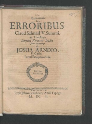 Exercitatio De Erroribus Claud. Salmasi[i] V. Summi, in Theologia Simplici Veritatis Studio