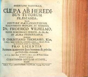 Dissertatio Inauguralis, De Culpa Ab Heredibus Tutorum Praestanda