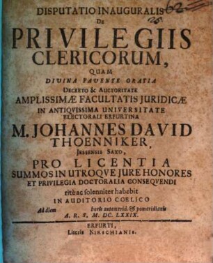 Disp. inaug. de privilegiis clericorum