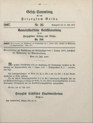 26. Verordnung zur Ausführung des Reichsgesetzes vom 7. Januar 1907, betreffend die Abänderung der Gewerbeordnung. Vom 20. Juli 1907