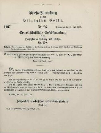 26. Verordnung zur Ausführung des Reichsgesetzes vom 7. Januar 1907, betreffend die Abänderung der Gewerbeordnung. Vom 20. Juli 1907