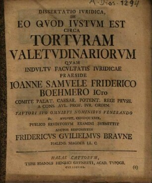 Dissertatio Ivridica, De Eo Qvod Ivstvm Est Circa Tortvram Valetvdinariorvm
