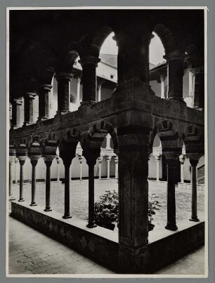 Blick durch die Säulen des Kreuzgangs der Abbazia di Torri, Torri bei Siena, Toskana