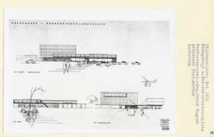 Hochgarage und Hubschrauberlandeplatz, Berlin-Charlottenburg (Diplomarbeit bei Willy Kreuer): Perspektivische Ansichten von Westen, Osten und vom Einkaufszentrum