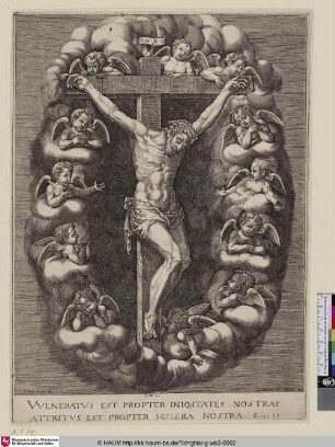 Jésus Christ attaché à la croix, entouré par des anges qui pleurent sa mort.