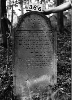 Grabstein 366 (Index: 99803578) Material: Sandstein Zustand: leicht verwittert Maße HxBxT: 115x56x10 cm Beschreibung: Stele mit Karniesbogen, profilierter Rand, Giebelfeld: Grabstein 366