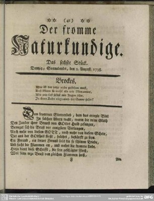 Der fromme Naturkundige. Das sechste Stück. Dantzig, Sonnabends, den 2.August.1738