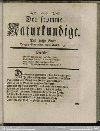 Der fromme Naturkundige. Das sechste Stück. Dantzig, Sonnabends, den 2.August.1738