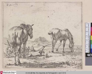 [The two Horses with the Plough; Two Horses and a Plow; Les deux chevaux pres de la charrue; Zwei Pferde und ein Pflug]
