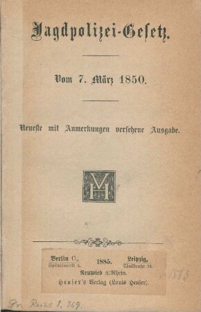 Jagdpolizei-Gesetz : vom 7. März 1850