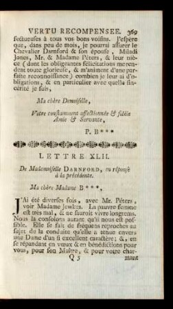 Lettre XLII. De Mademoiselle Darnford, en réponse à la précédente.